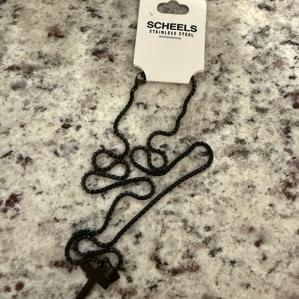 Scheels Black Stainless Steel Cross Necklace
